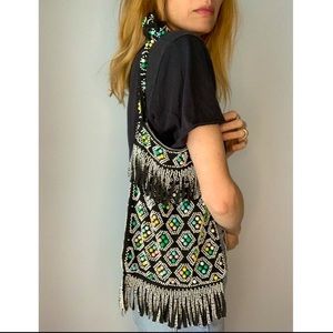 Vintage Beaded Suede Fringe Boho Crossbody Shoulder Bag
